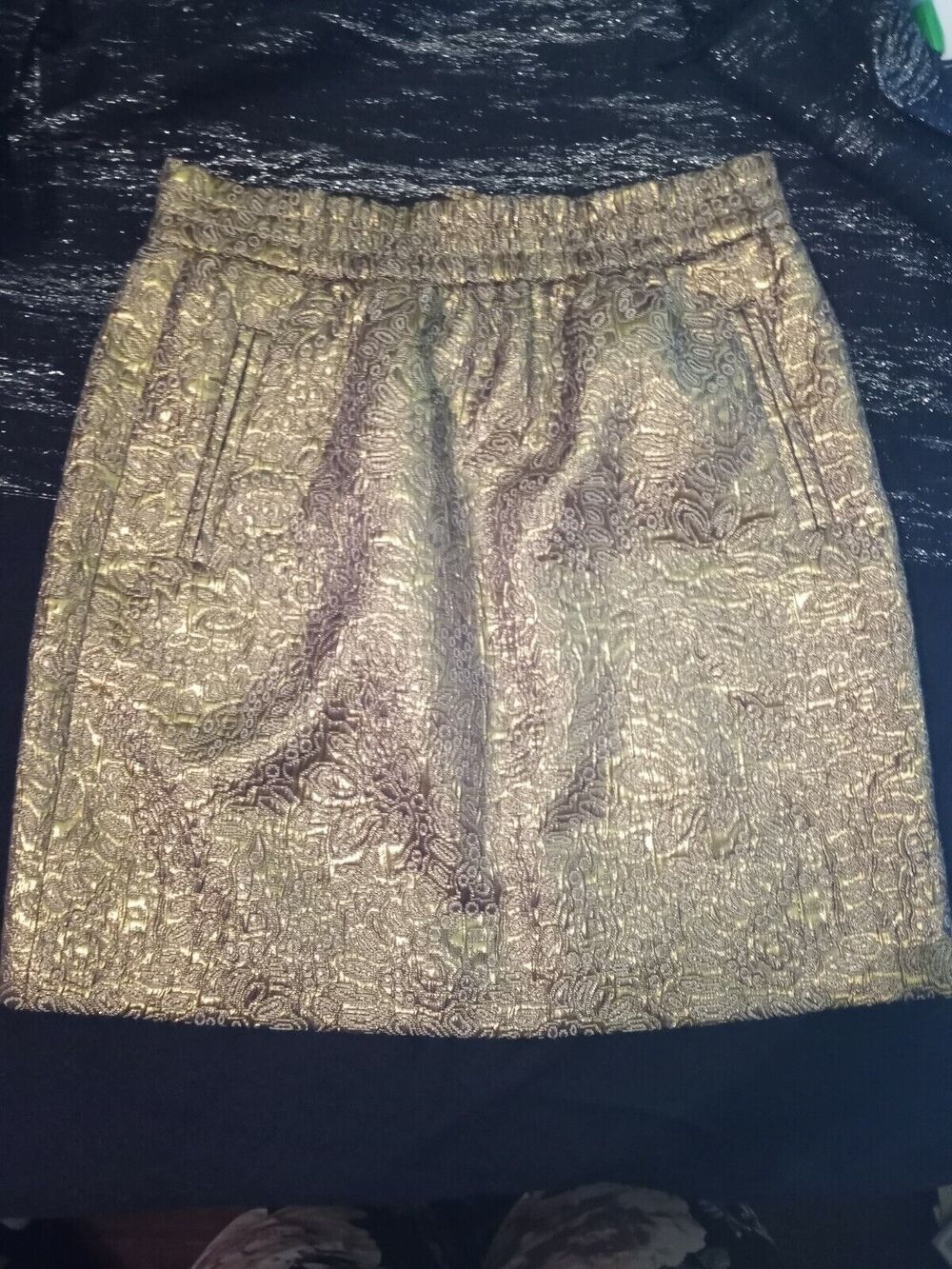 Ann Taylor LOFT Gold Embroidered Skirt Size PS Floral Black Pockets